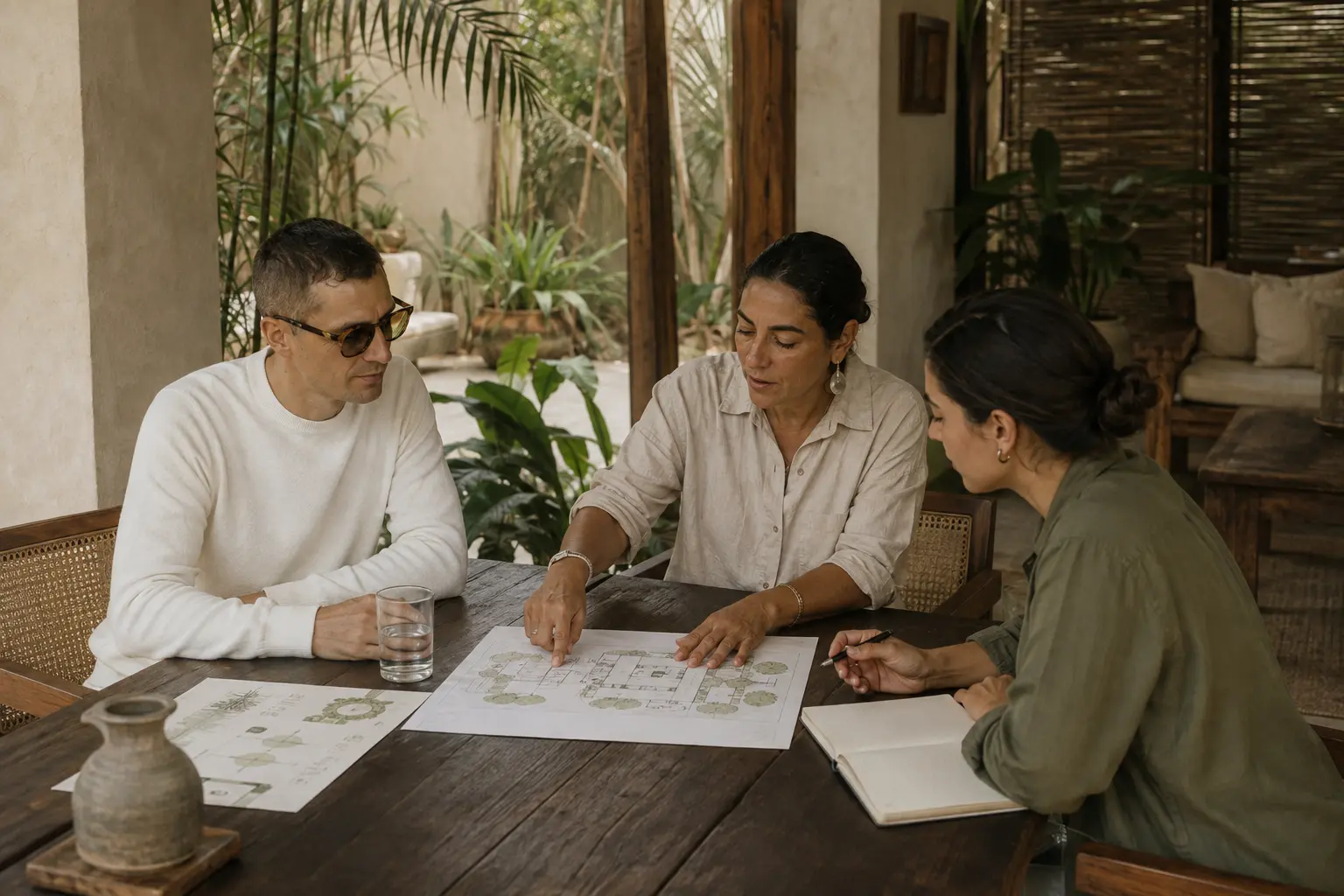 Francisco Lugo reviewing property plans with its owner and team